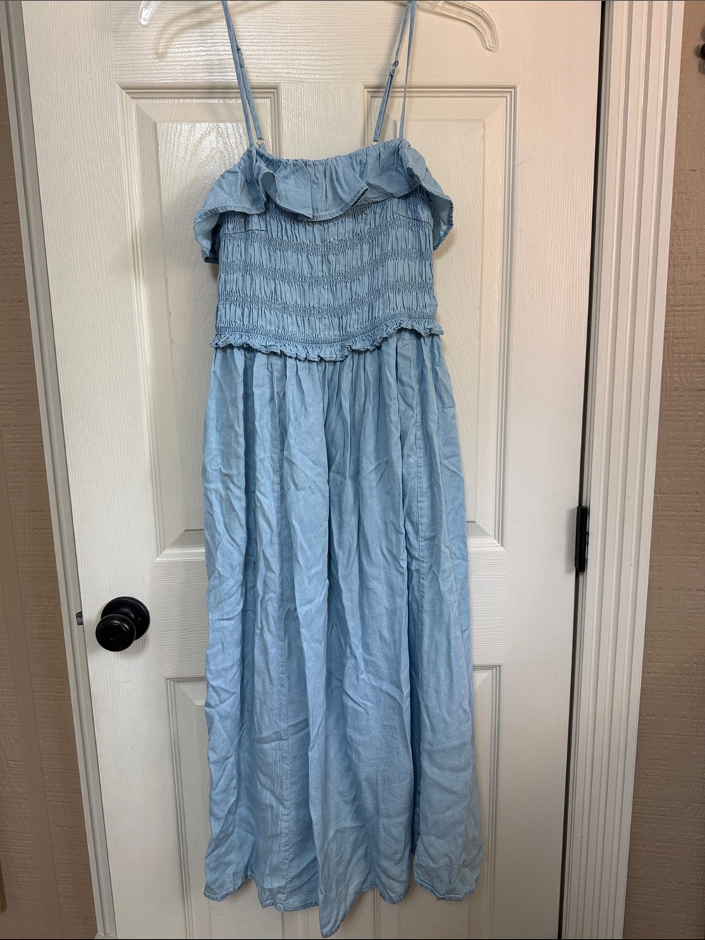 Time and Tru Light Blue Smocked Maxi Dress with Ruffle Neckline